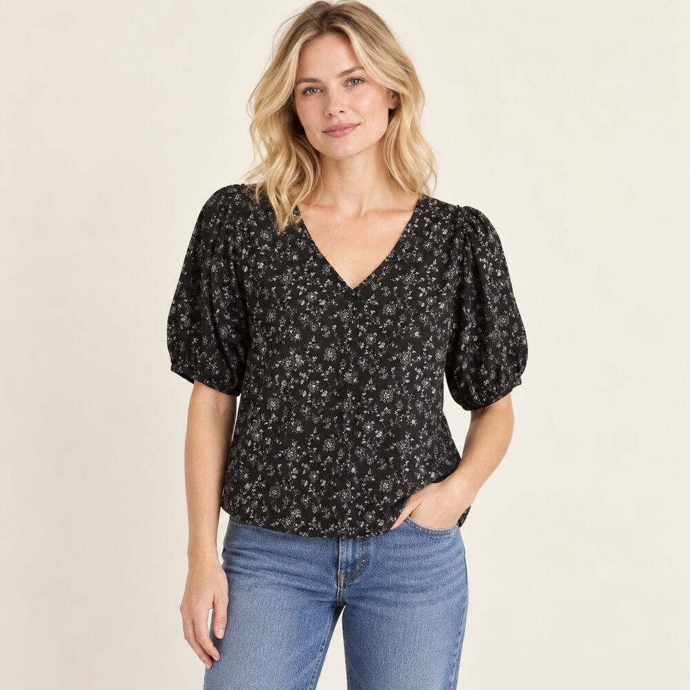 Madewell Black White Floral Cotton V Neck Puff Sleeve CottageCore Top Medium